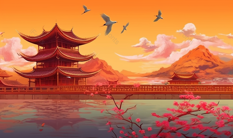 飞鸟飞过红墙银杏故宫园林古风建筑水面倒映楼阁插画,插画/手绘图,插画/手绘图库,插画/手绘图下载,插画/手绘